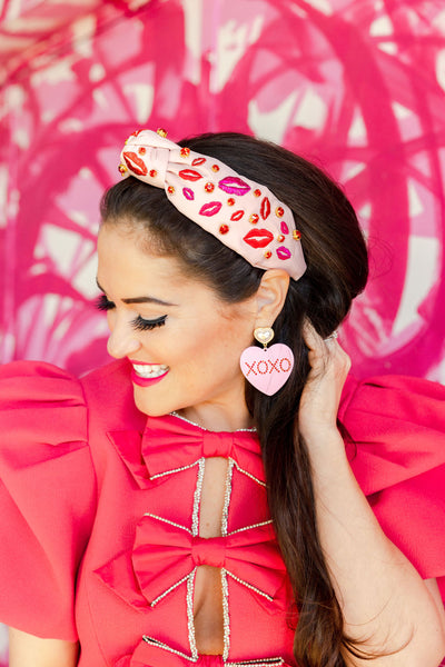 Pink Headband with Embroidered Lips and Crystals