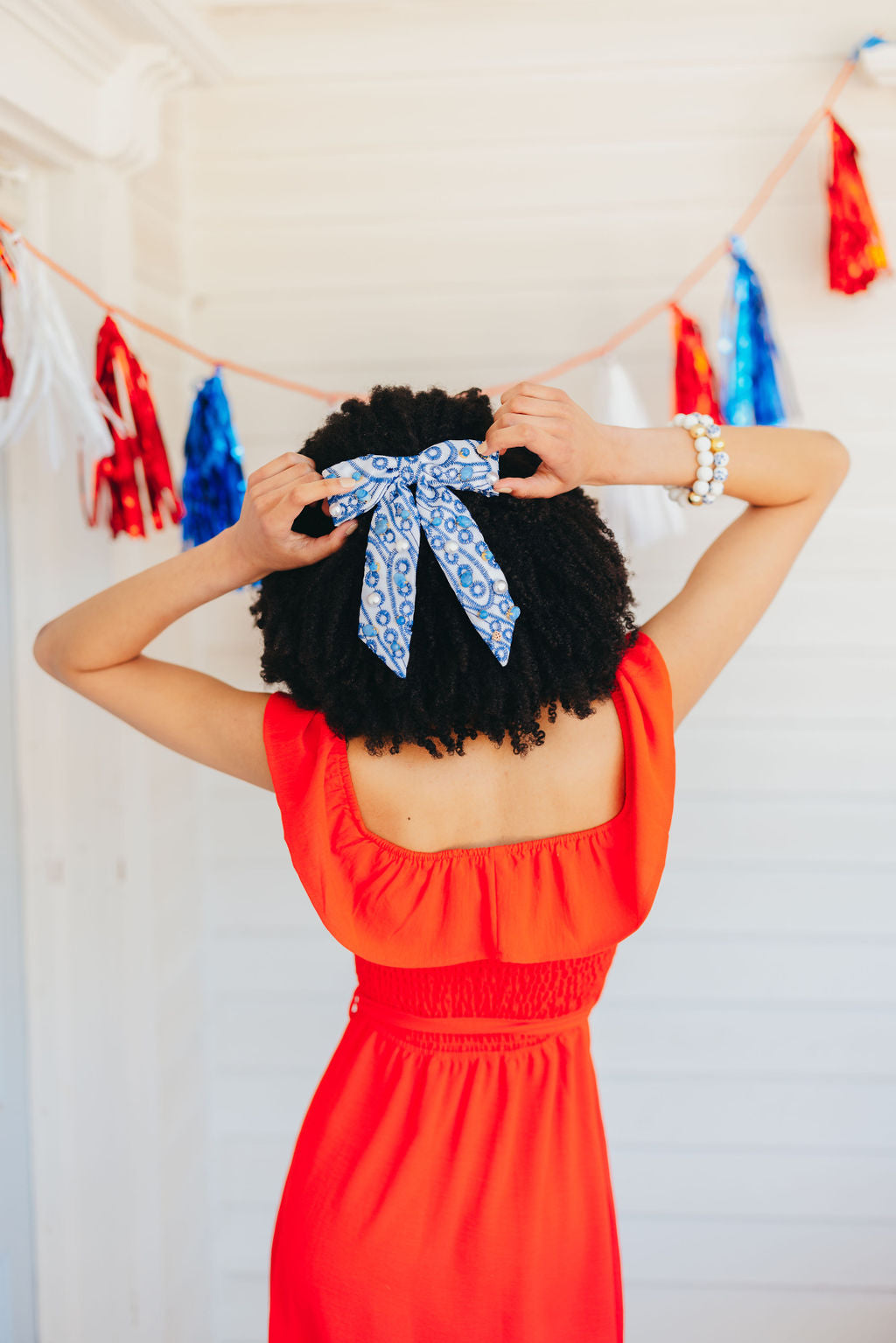 Blue & White Mykonos Eyelet Bow Barrette