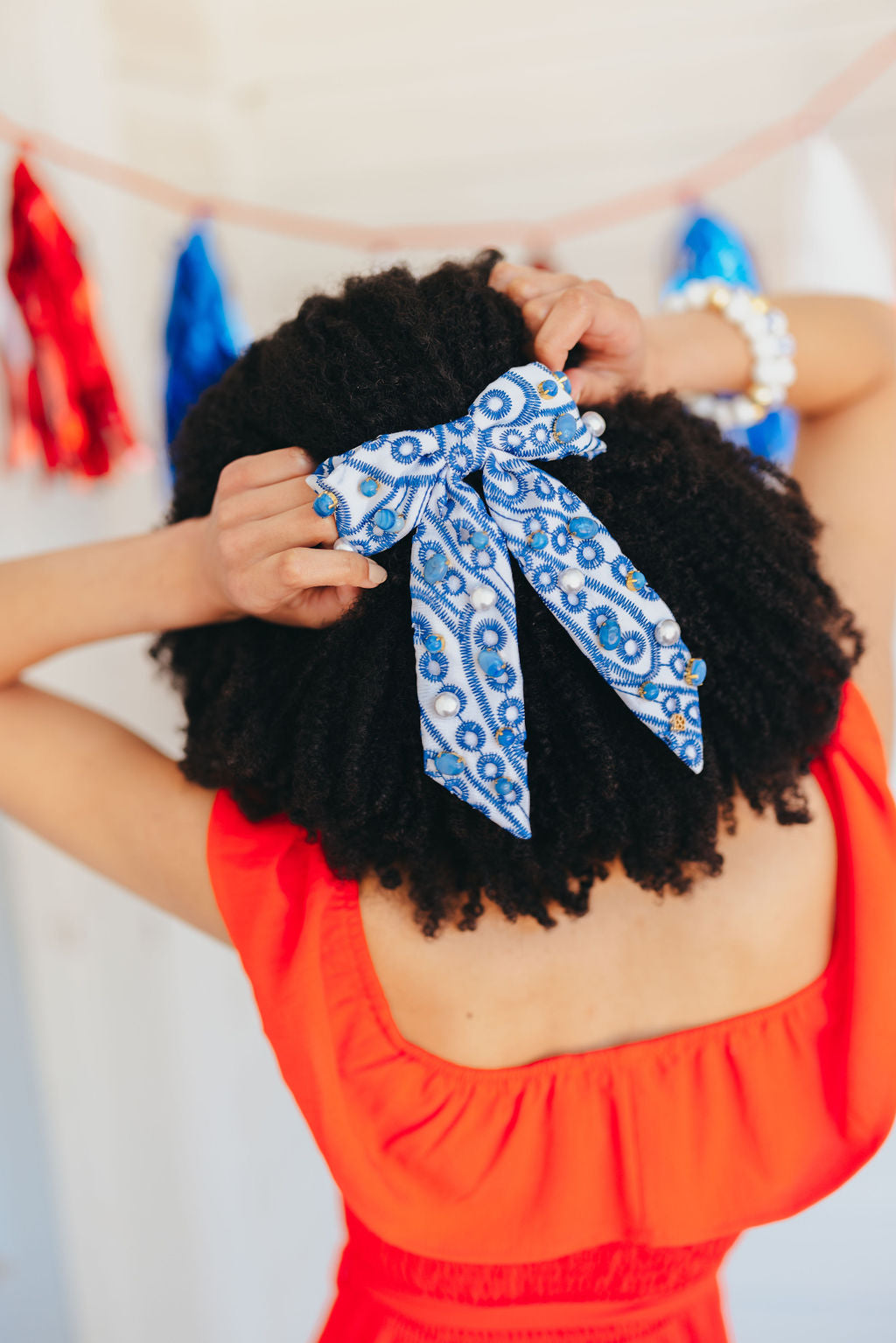 Blue & White Mykonos Eyelet Bow Barrette