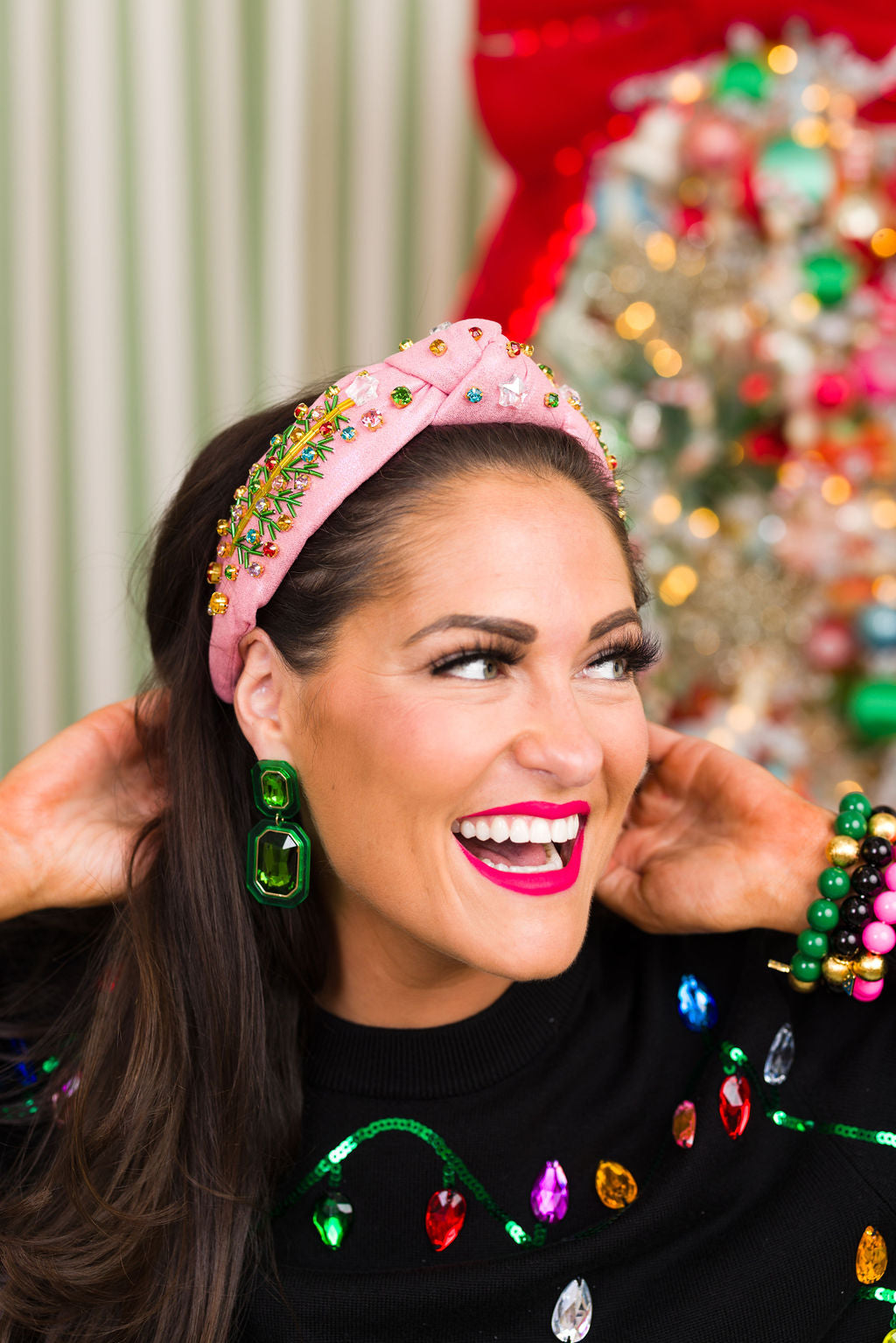 Pink Shimmer Christmas Tree Headband with Crystals