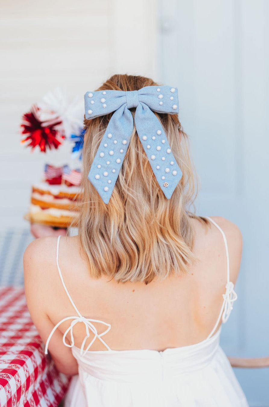 Denim & Pearl Bow Barrette