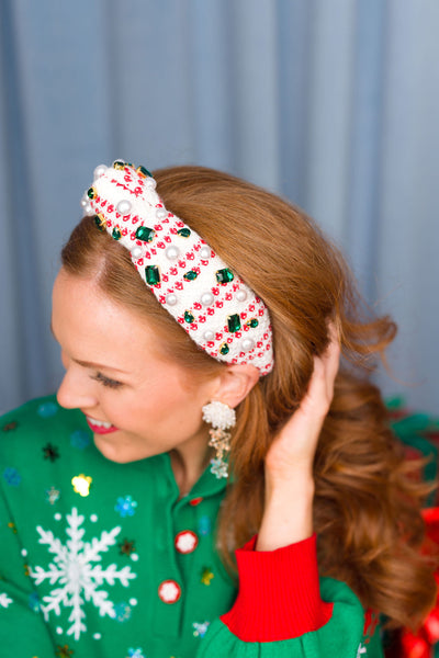 Adult Size White & Red Knit Winter Headband With Crystals & Pearls