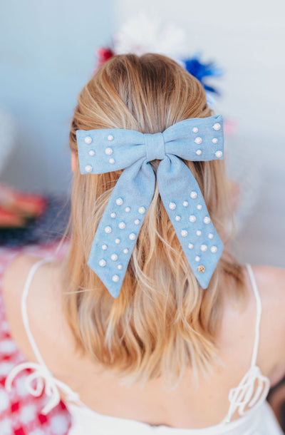 Denim & Pearl Bow Barrette