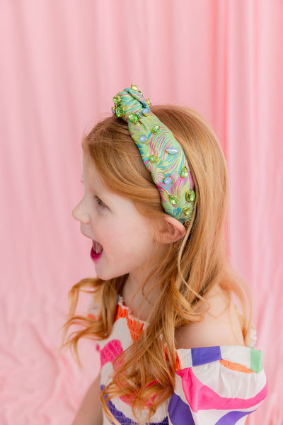 Child Size Bright Green Brocade Headband with Pink and Blue