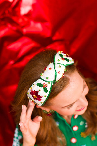 White Embroidered Poinsettia Headband with Green Crystals