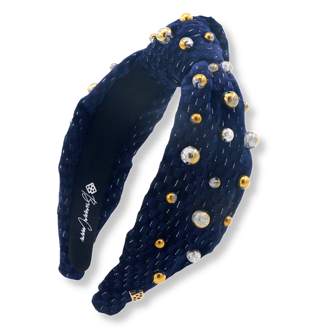 Navy Velvet Headband with Gold and Silver Beads