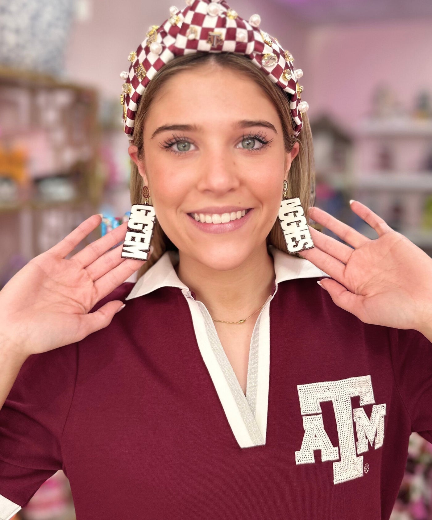 Texas A&M White and Maroon Glitter GIG'EM AGGIES Earrings