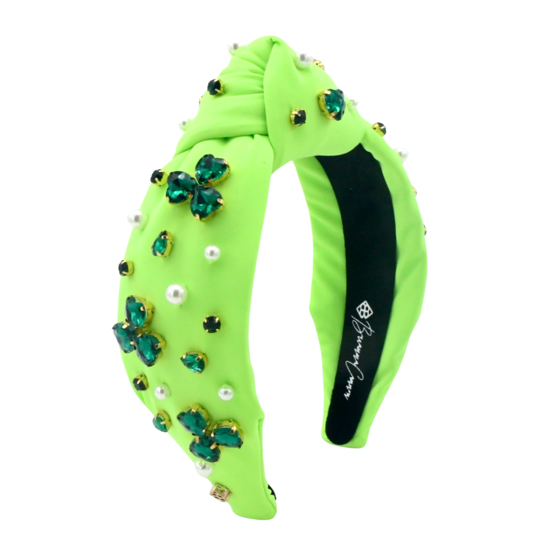 Adult Size Neon Green Headband with Crystal Shamrocks & Pearls