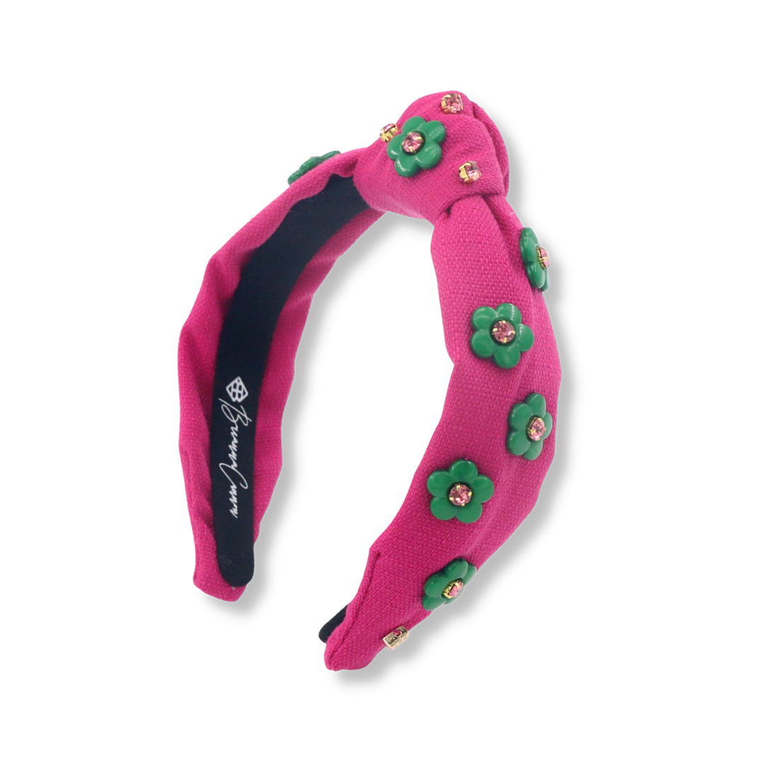 Child Size Magenta Twill Headband with Green Flowers