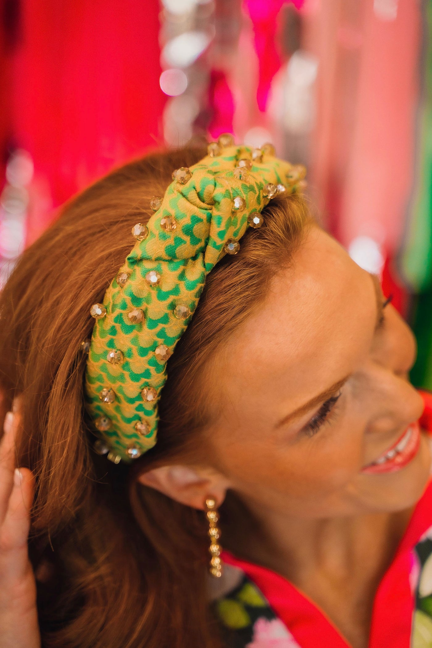 Adult Size Green Scalloped Headband with Gold Beads