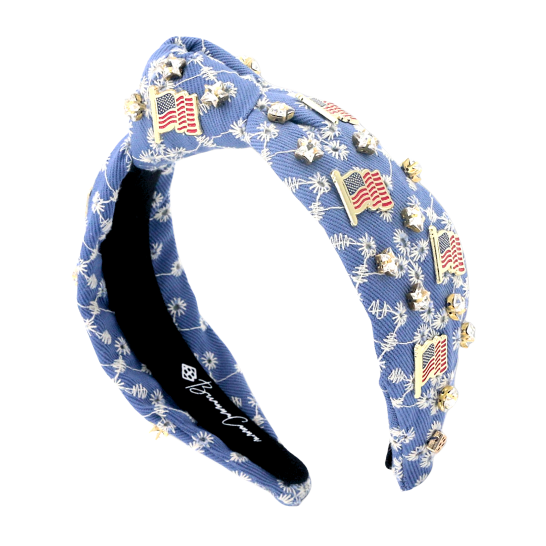 Denim Eyelet Headband with Flags & Stars