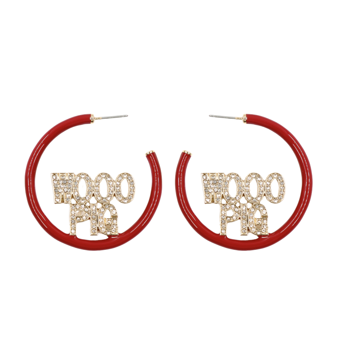 Arkansas WOOO PIG Cardinal Red Pavé Hoop Earrings