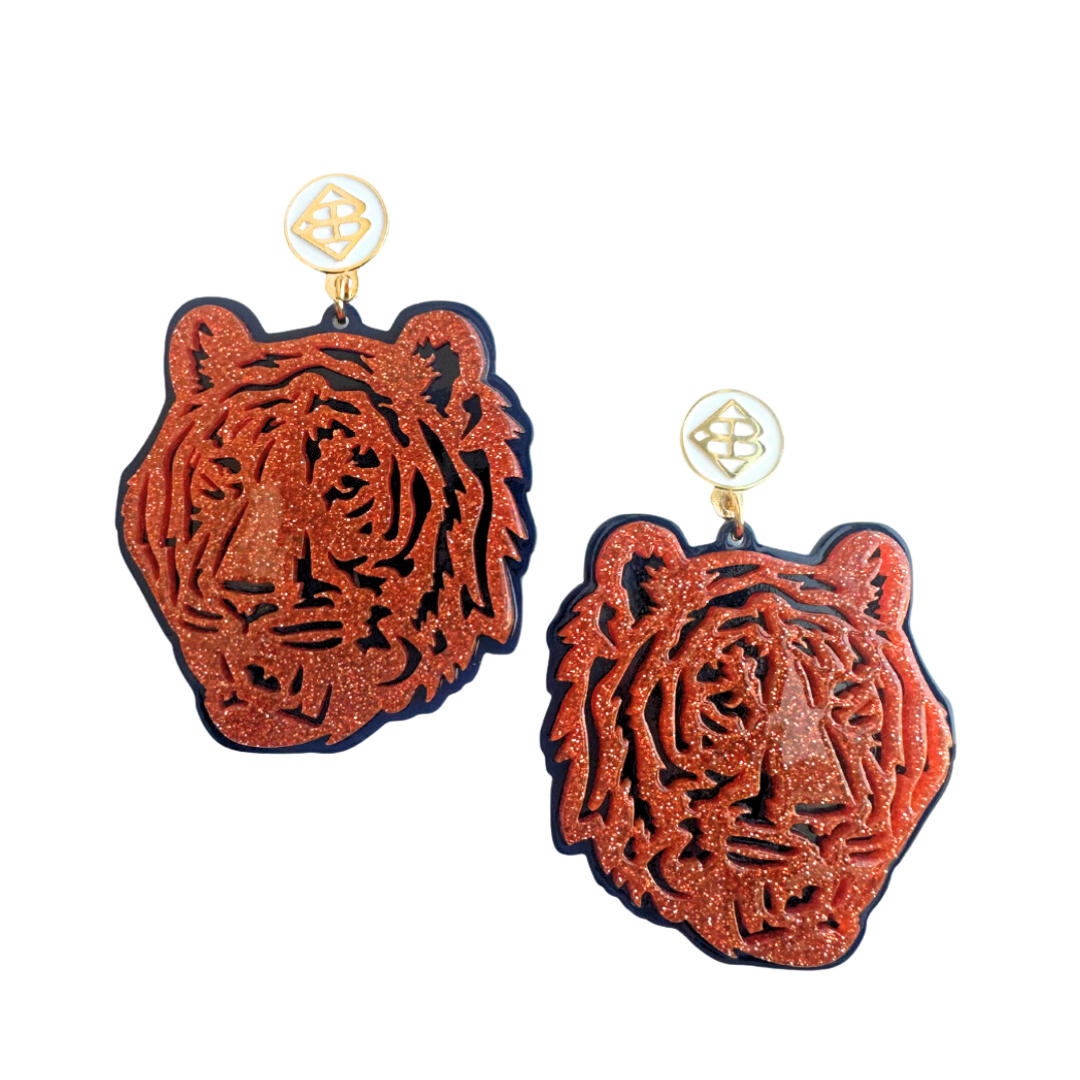 Orange Glitter & Navy Tiger Face Earring