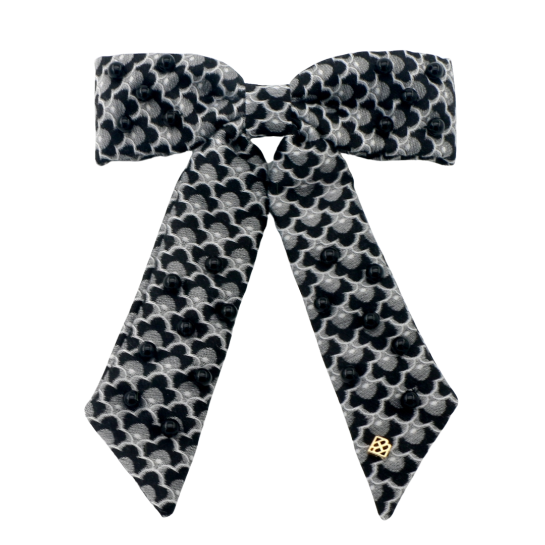 Black Scalloped Bow Barrette With Black Beads