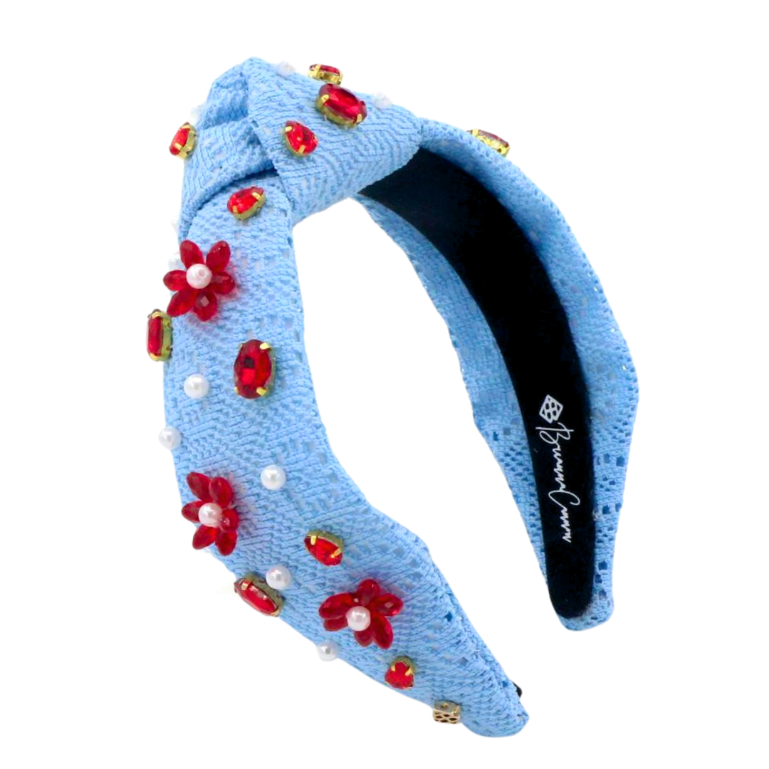 Adult Size Powder Blue Crochet Headband With Red Flowers & Pearls