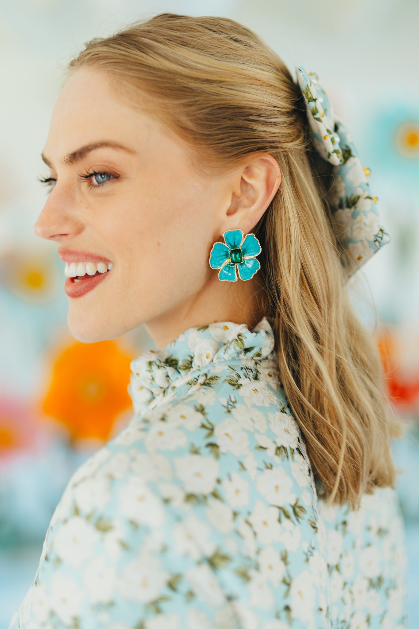 Hand Painted Blue and Green Hibiscus Earring