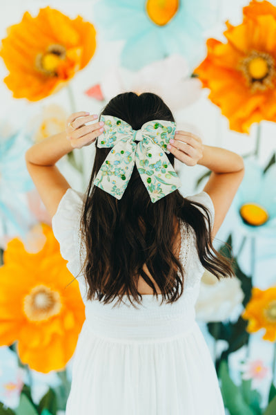 Blue & Green Floral Barrette Bow With Cabochons & Crystals