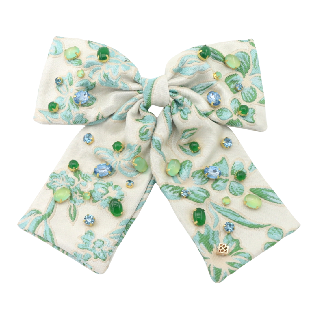 Blue & Green Floral Barrette Bow With Cabochons & Crystals