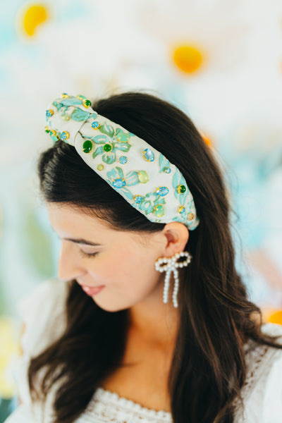 Adult Size Blue & Green Floral Headband With Cabochons & Crystals