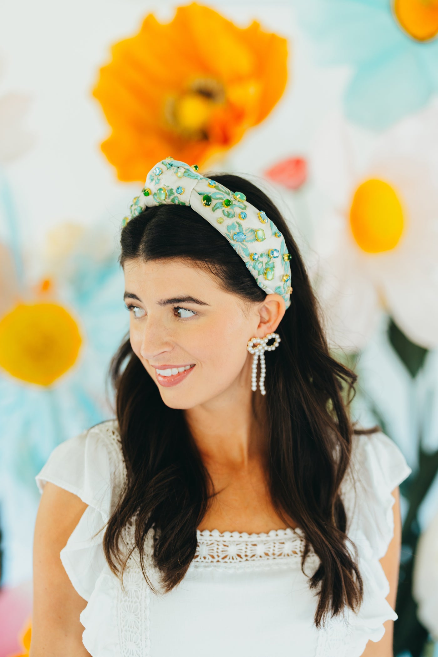 Adult Size Blue & Green Floral Headband With Cabochons & Crystals