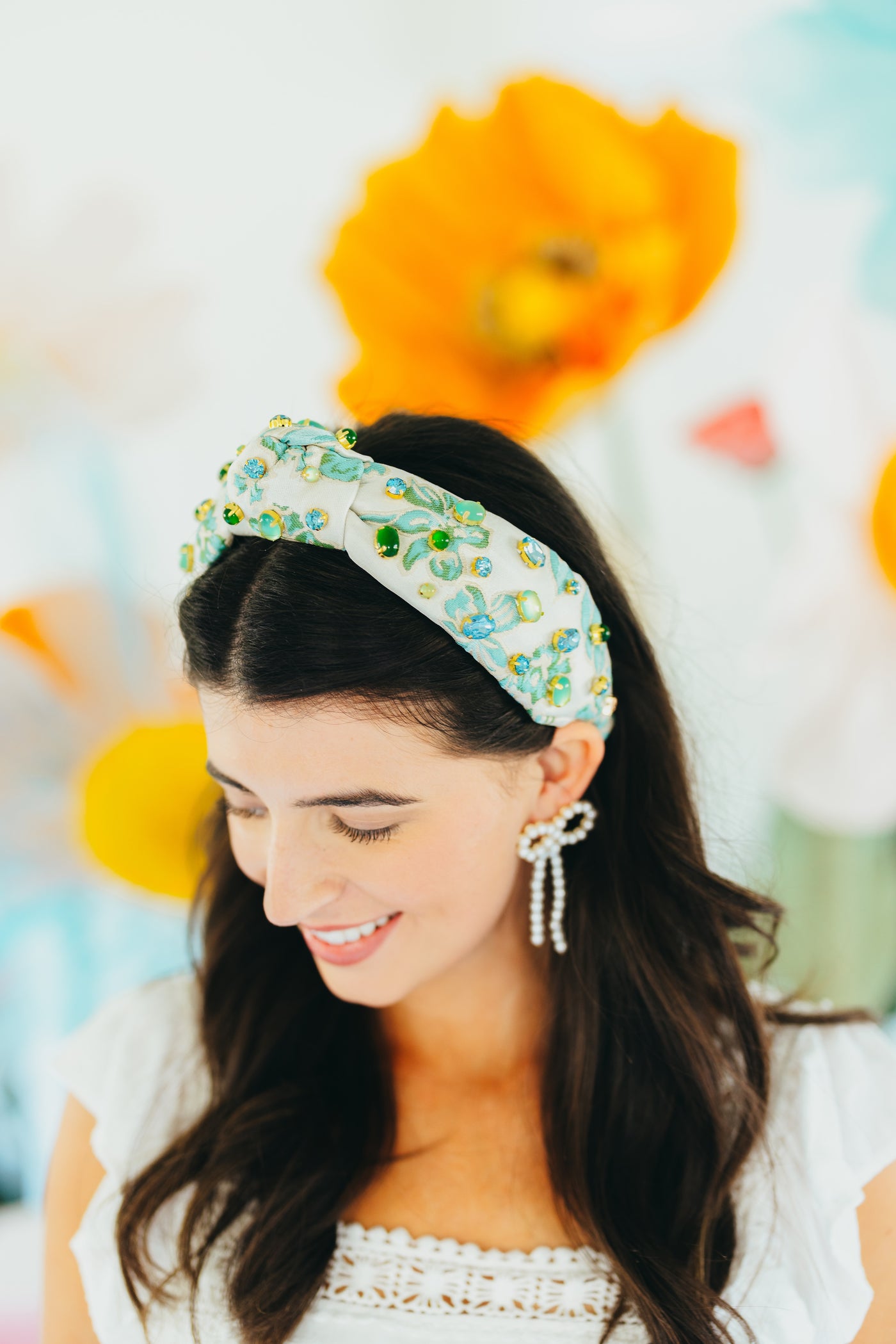 Adult Size Blue & Green Floral Headband With Cabochons & Crystals