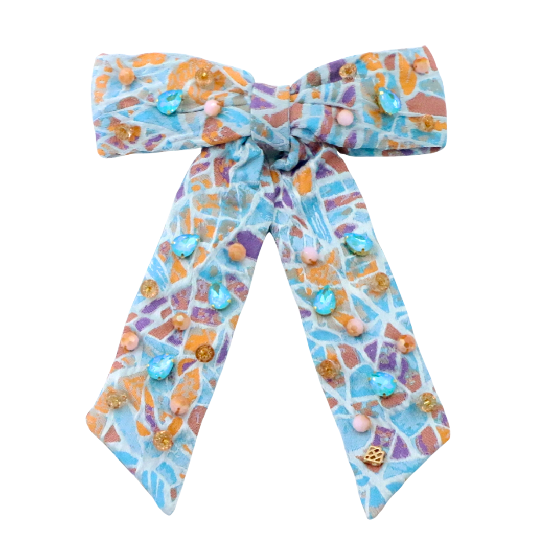 Mosaic Bow Barrette With Blue & Orange Crystals