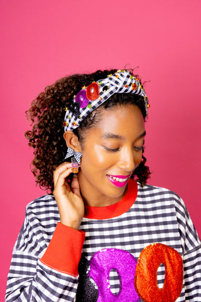 Adult Size Black & White Gingham BOO Headband with Crystals