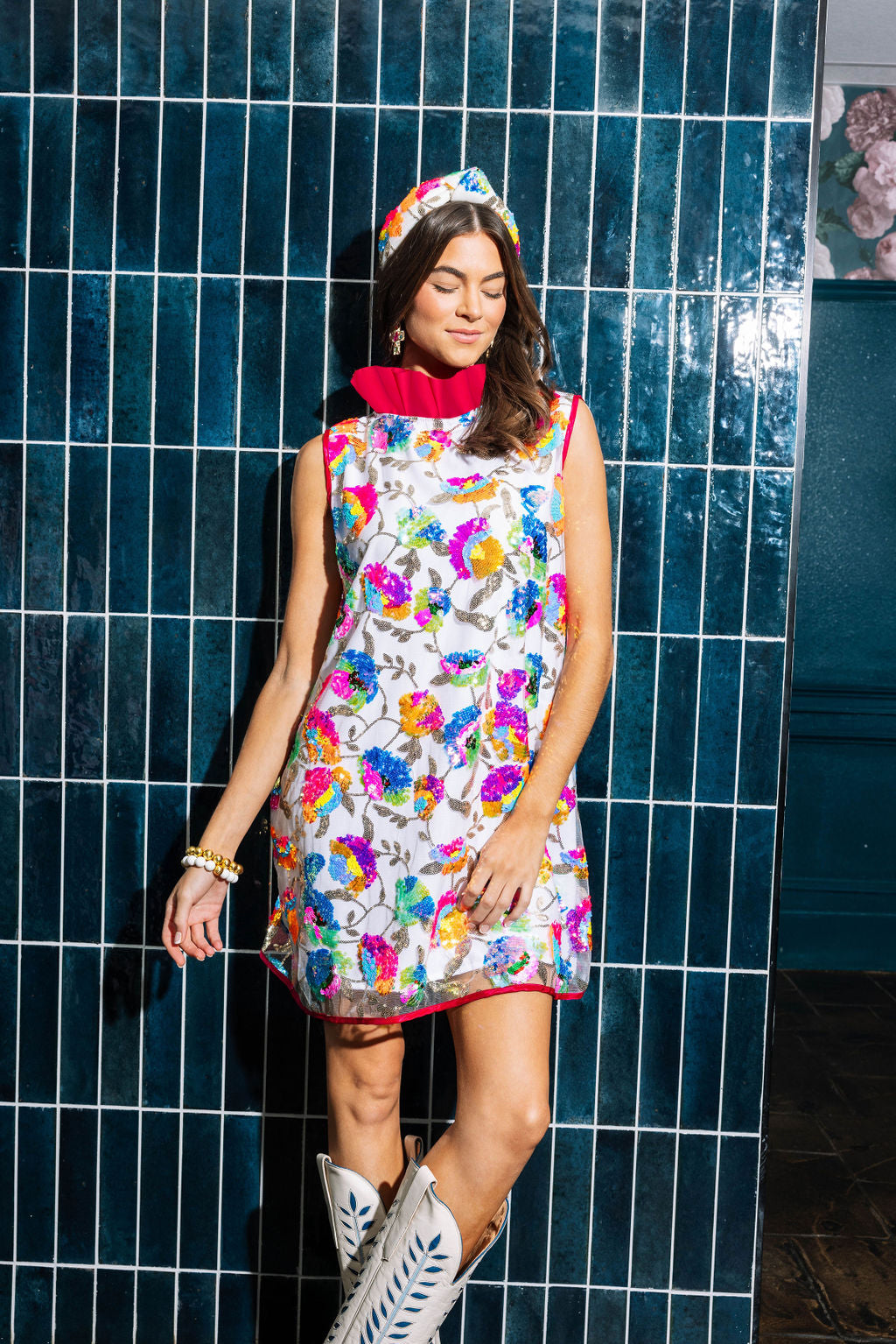 Audrey A-Line Dress - Bright Sequins with Hot Pink Ruffle