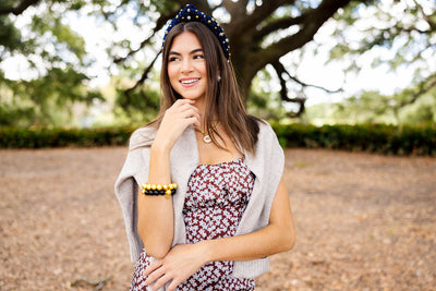 Navy Velvet Headband with Gold and Silver Beads