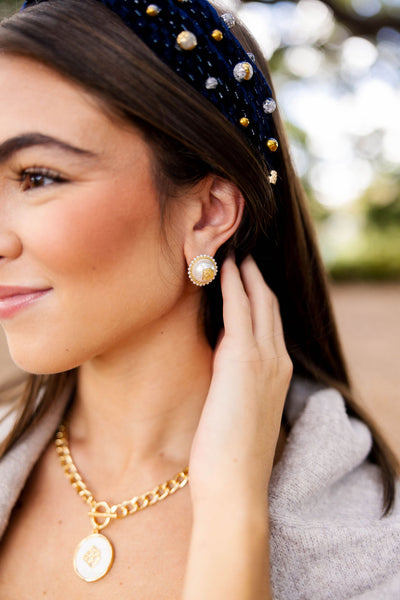 Navy Velvet Headband with Gold and Silver Beads