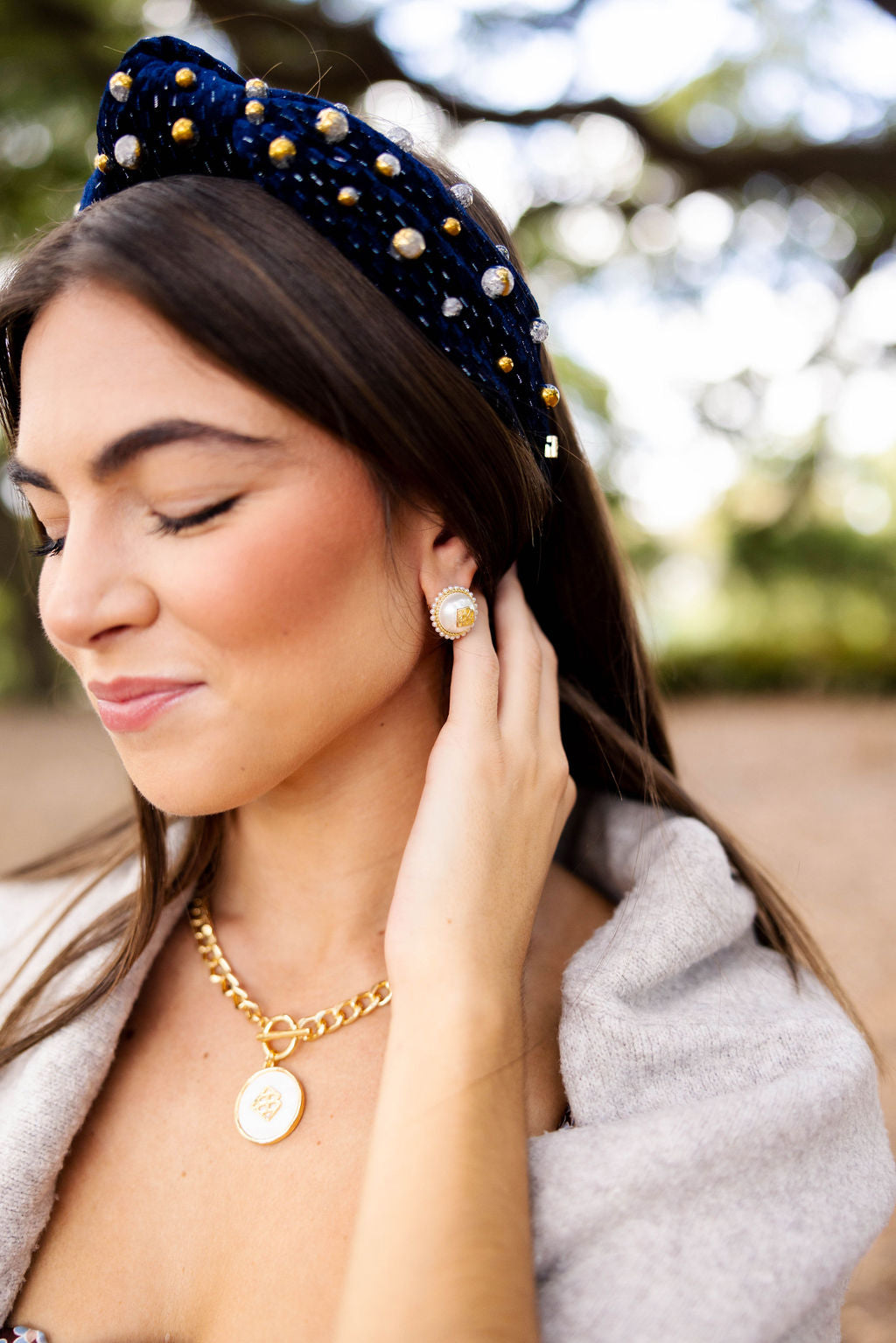 Navy Velvet Headband with Gold and Silver Beads