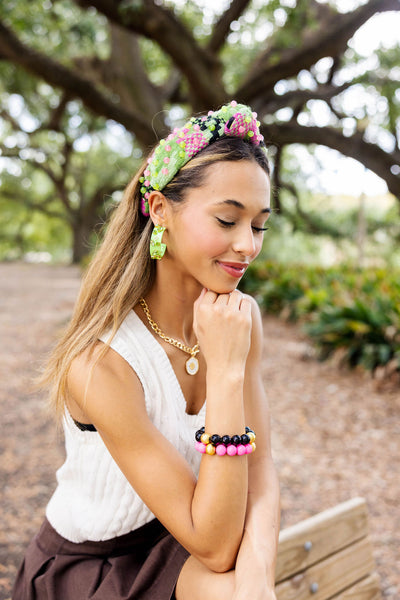 Green & Pink Knit Headband with Beads