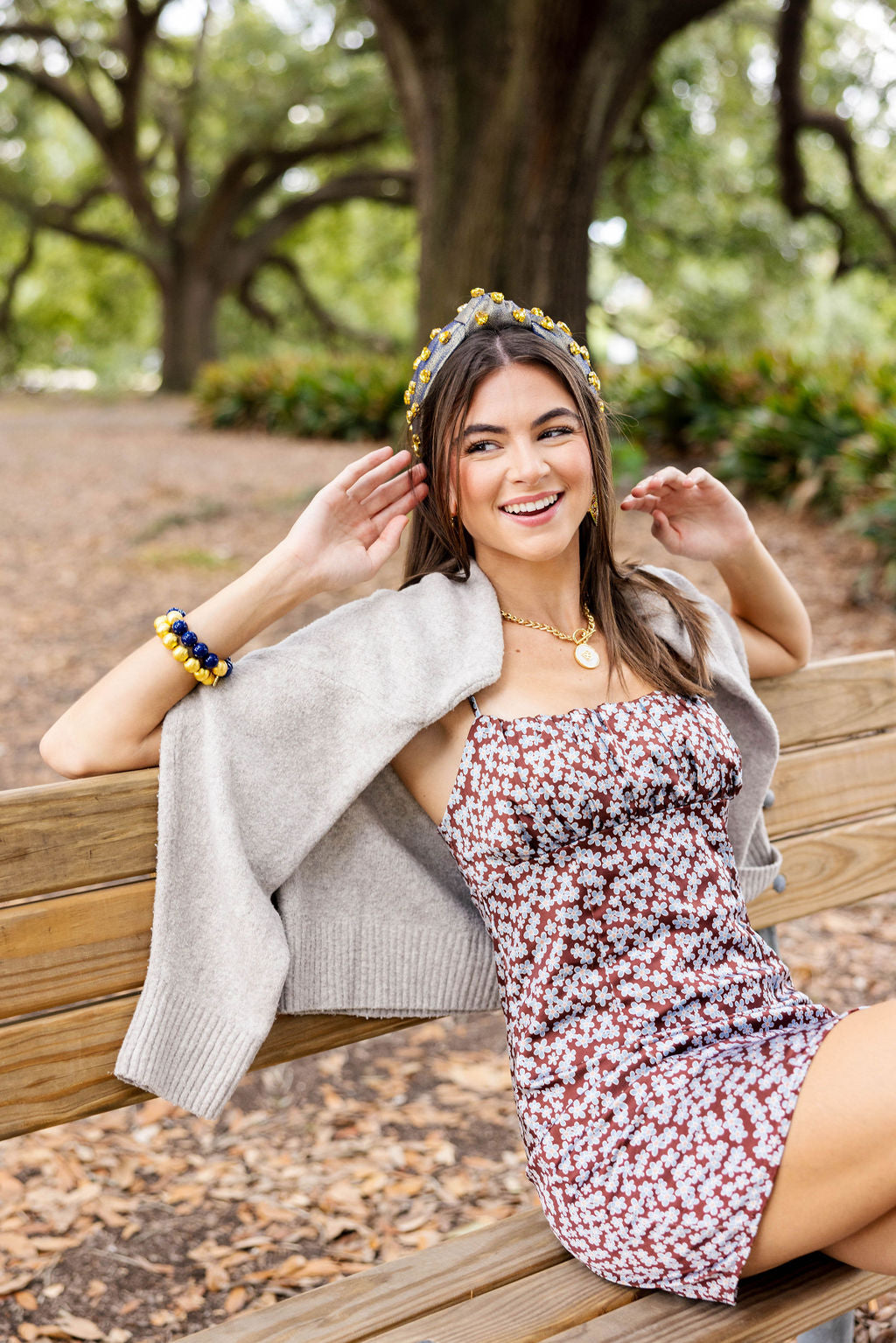 Gold and Navy Shimmer Headband with Gold Crystal Hearts