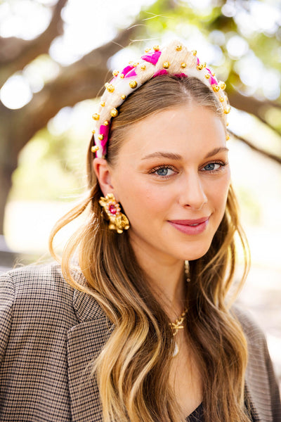 Adult Size Pink, Red & Ivory Headband with Gold Beads