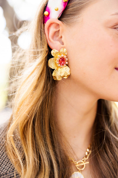 Golden Bloom Statement Earrings in Pink