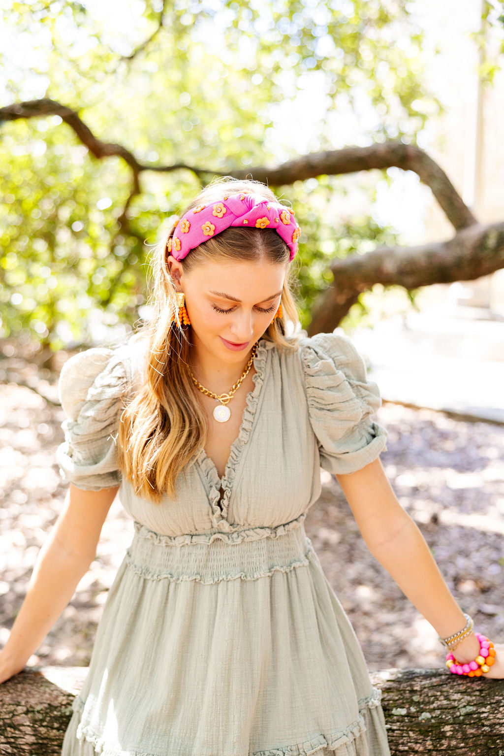 Adult Size Bubble Gum Pink Headband with Orange Flowers