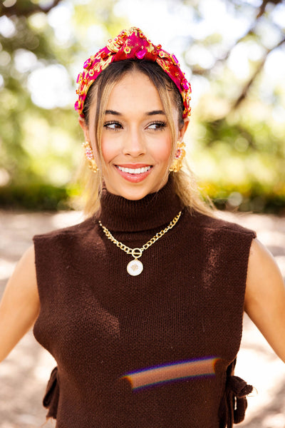 Red and Gold Brushstroke Headband with Pink Crystals