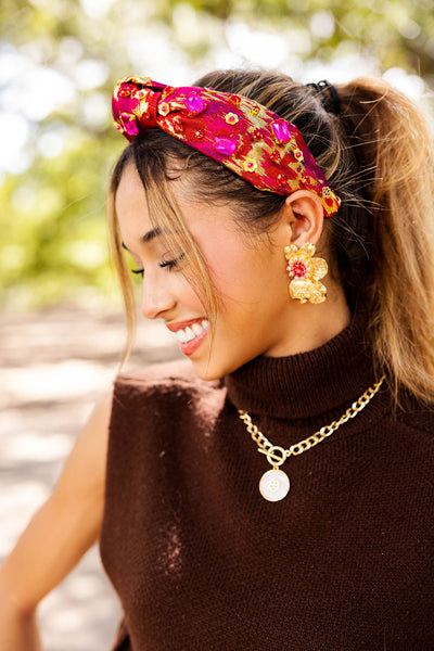 Red and Gold Brushstroke Headband with Pink Crystals