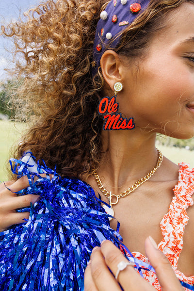 Ole Miss Red and Navy Glitter Ole Miss Script Earrings