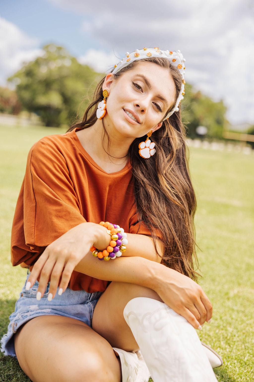 White and Orange Clemson Paw Earrings