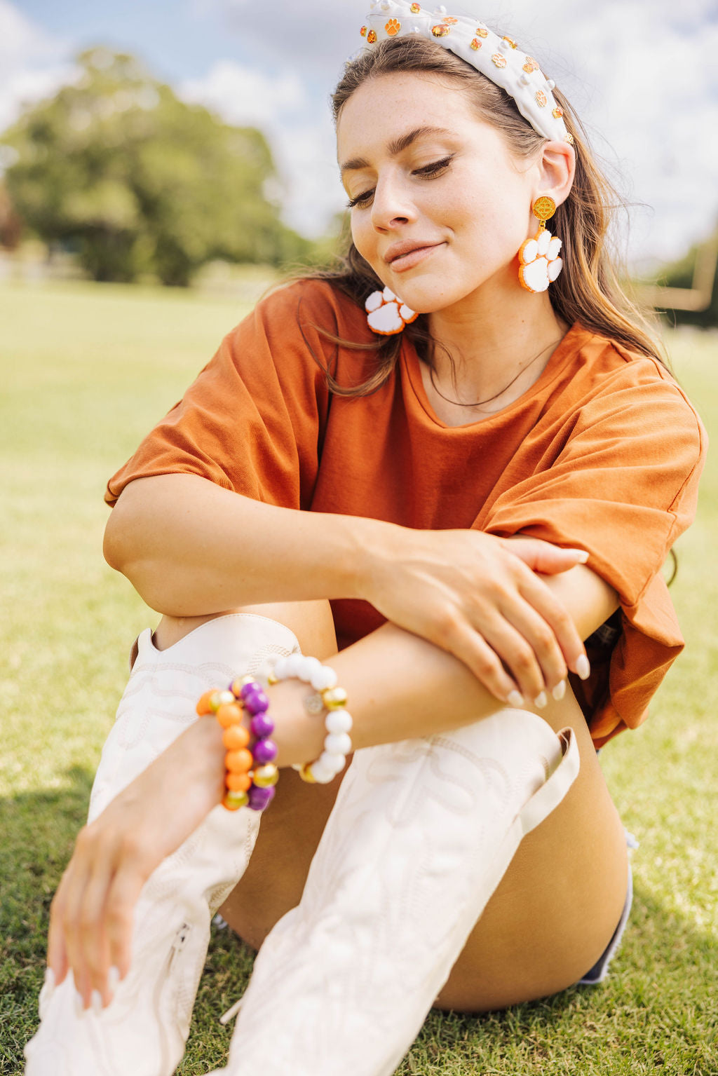 White and Orange Clemson Paw Earrings