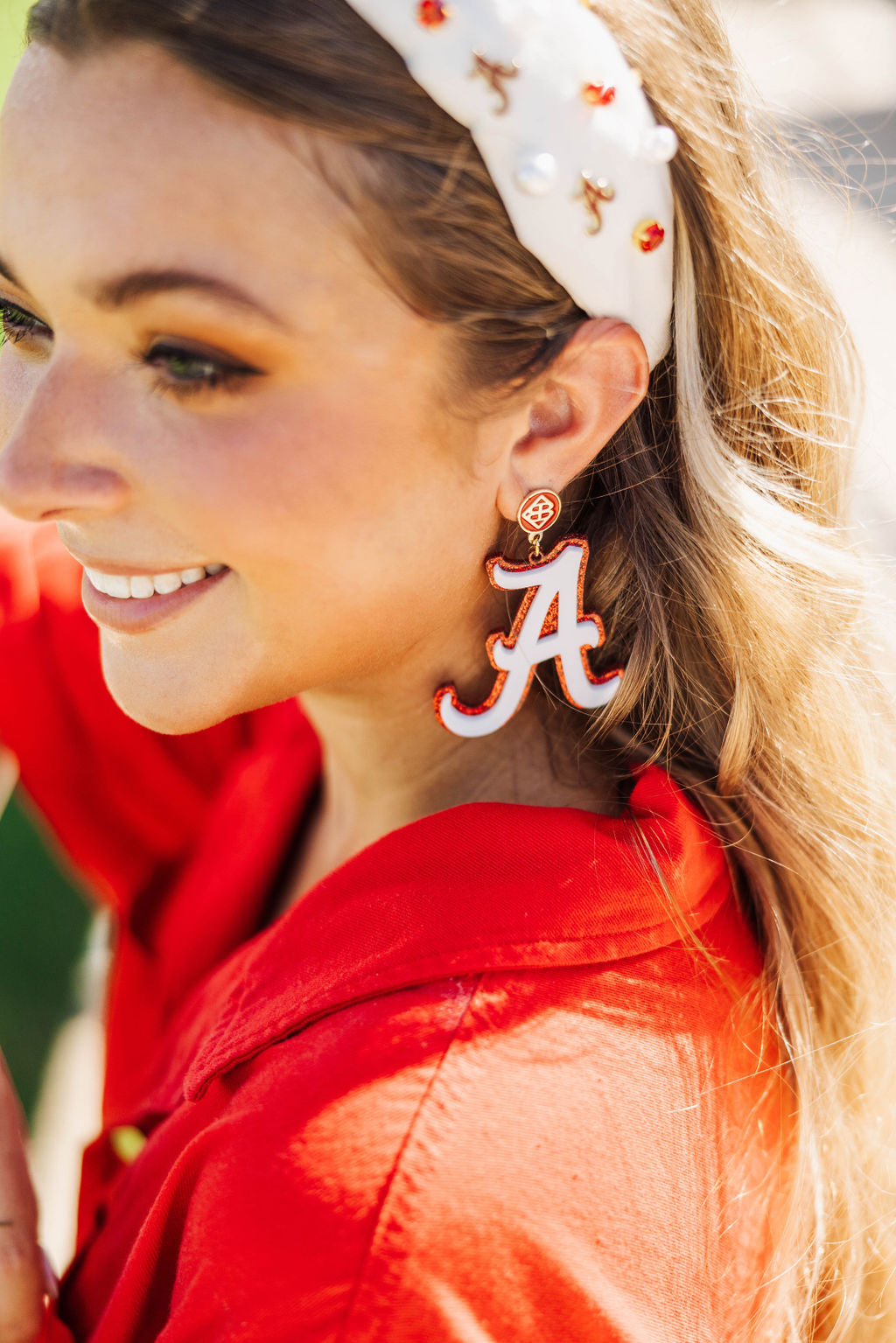 Alabama White & Crimson Glitter Alabama A Earrings