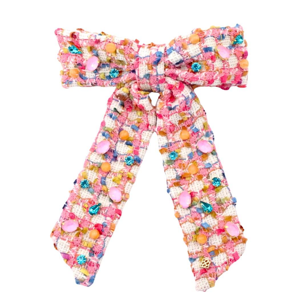 Bubblegum Tweed Bow Barrette With Crystals