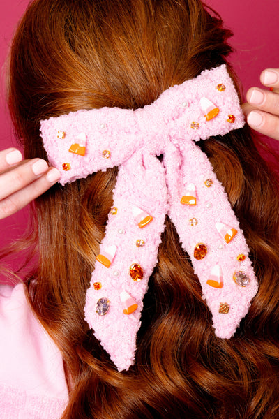 Pink Candy Corn Bow Barrette With Crystals