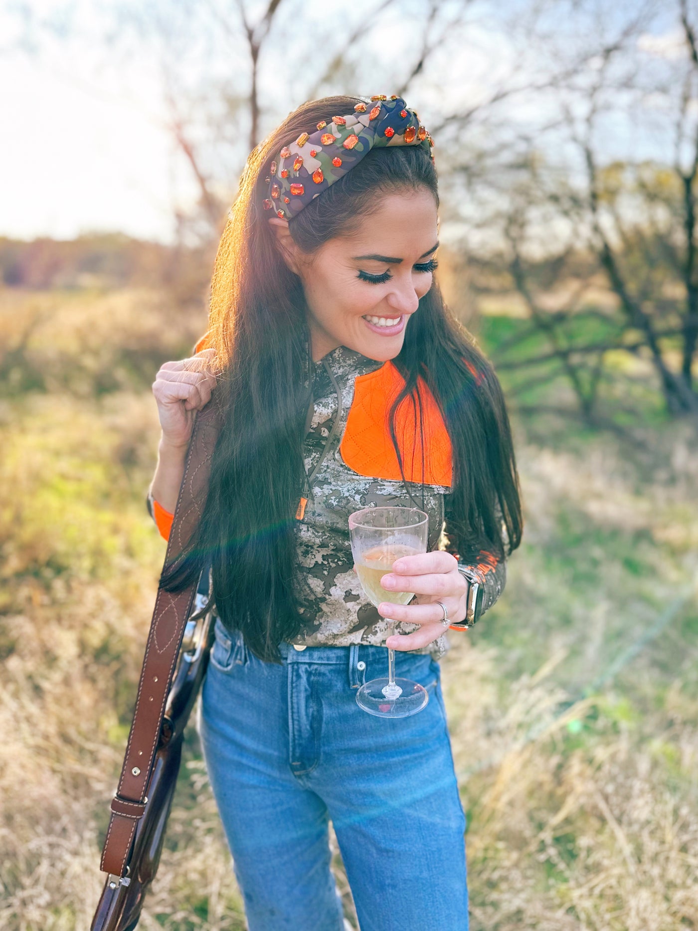 Adult Size Camo Headband with Orange Crystals