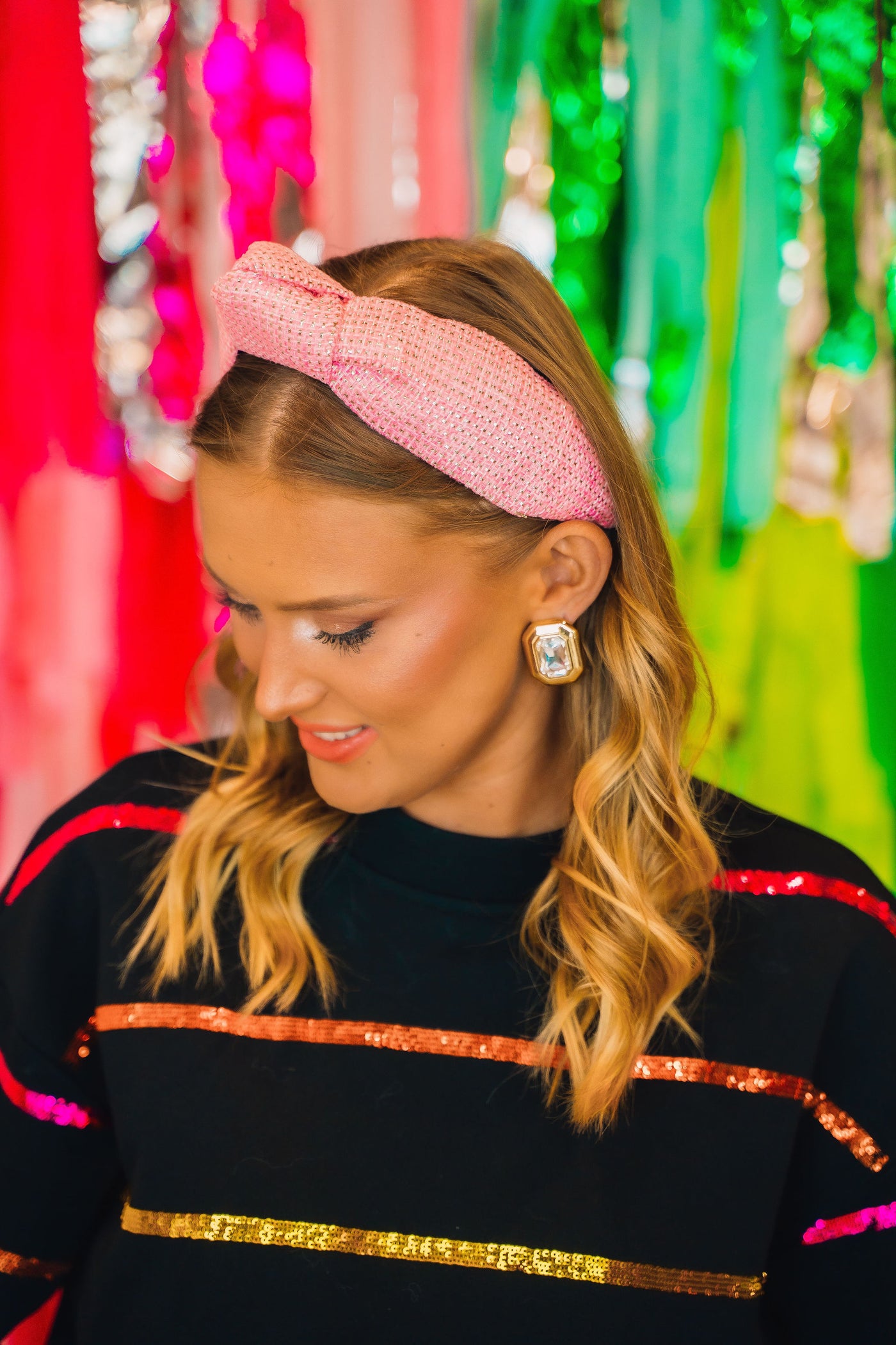 Adult Size Solid Tweed and Gold Headband in Pink