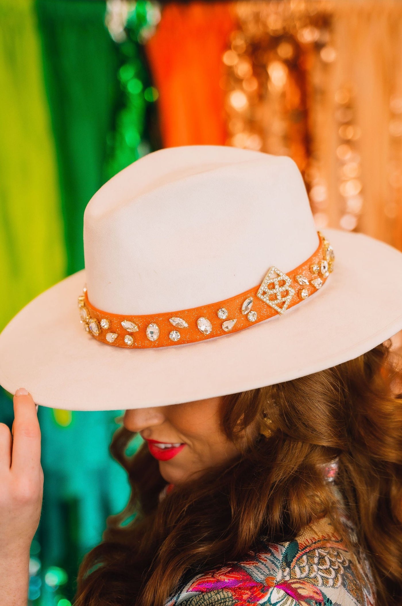 Burnt Orange Hat Band with Clear Crystals