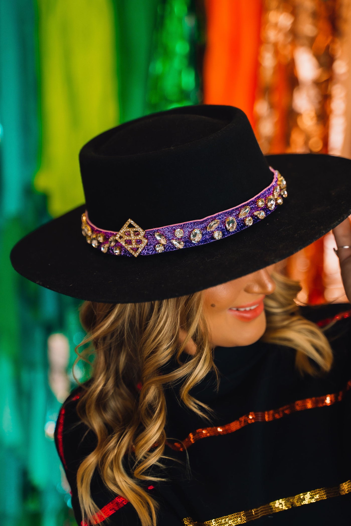 Purple Hat Band with White Crystals