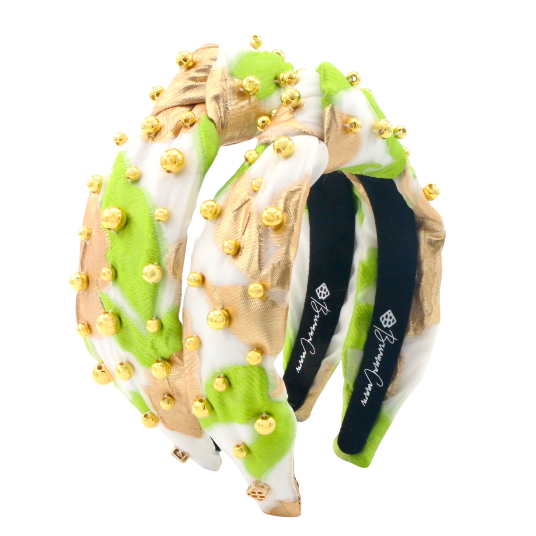 Adult Size Lime Green, White & Gold Headband With Gold Beads