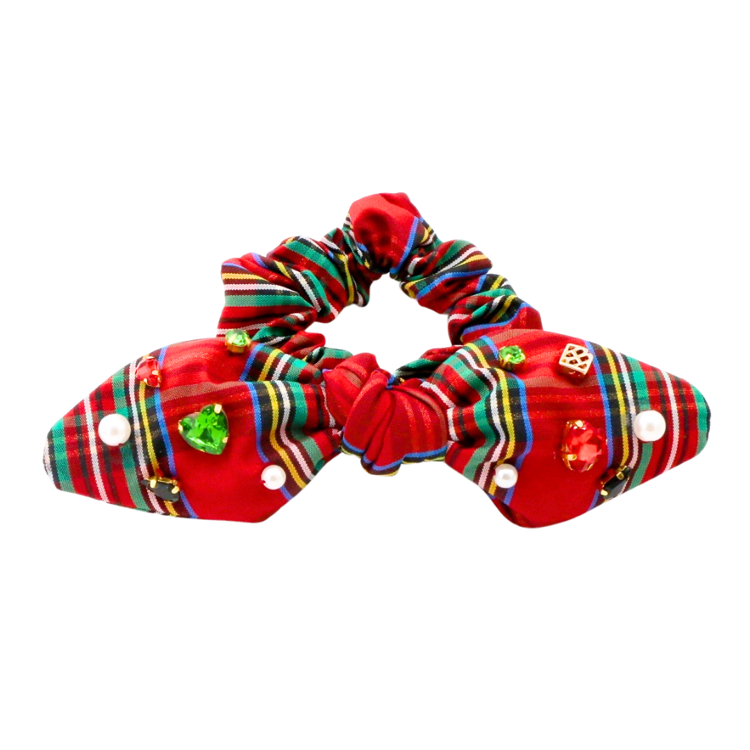 Tartan Plaid Bow Scrunchie with Crystals and Pearls